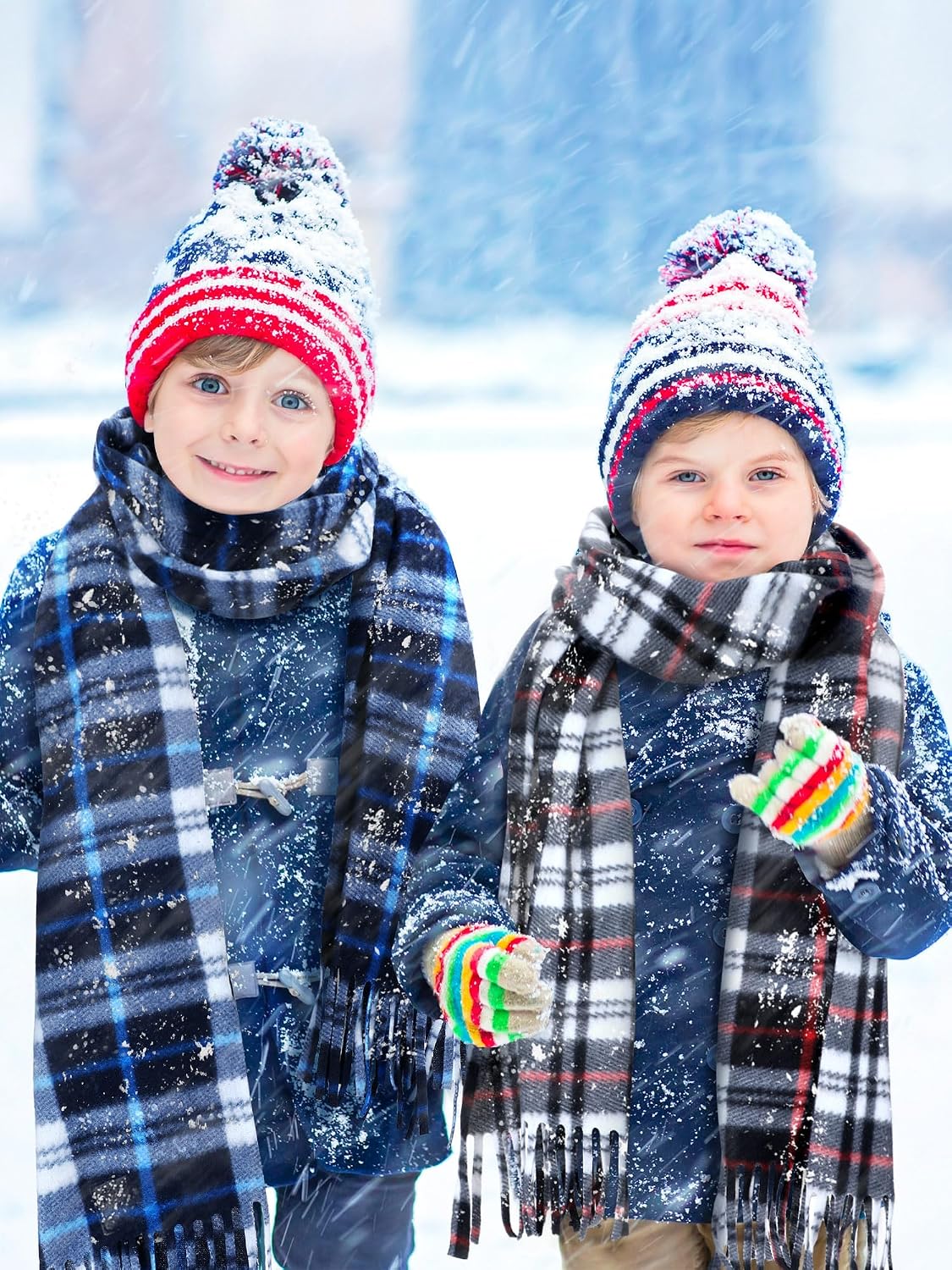Fourluoo 8 Pcs Kids Winter Scarf Buffalo Plaid Kids Scarves Christmas Warm Shawls Scarves Parent Child Scarf for Boys Girls