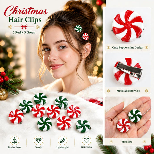 10Pcs Mini Peppermint Candy Hair Clips, Christmas Hair Accessories