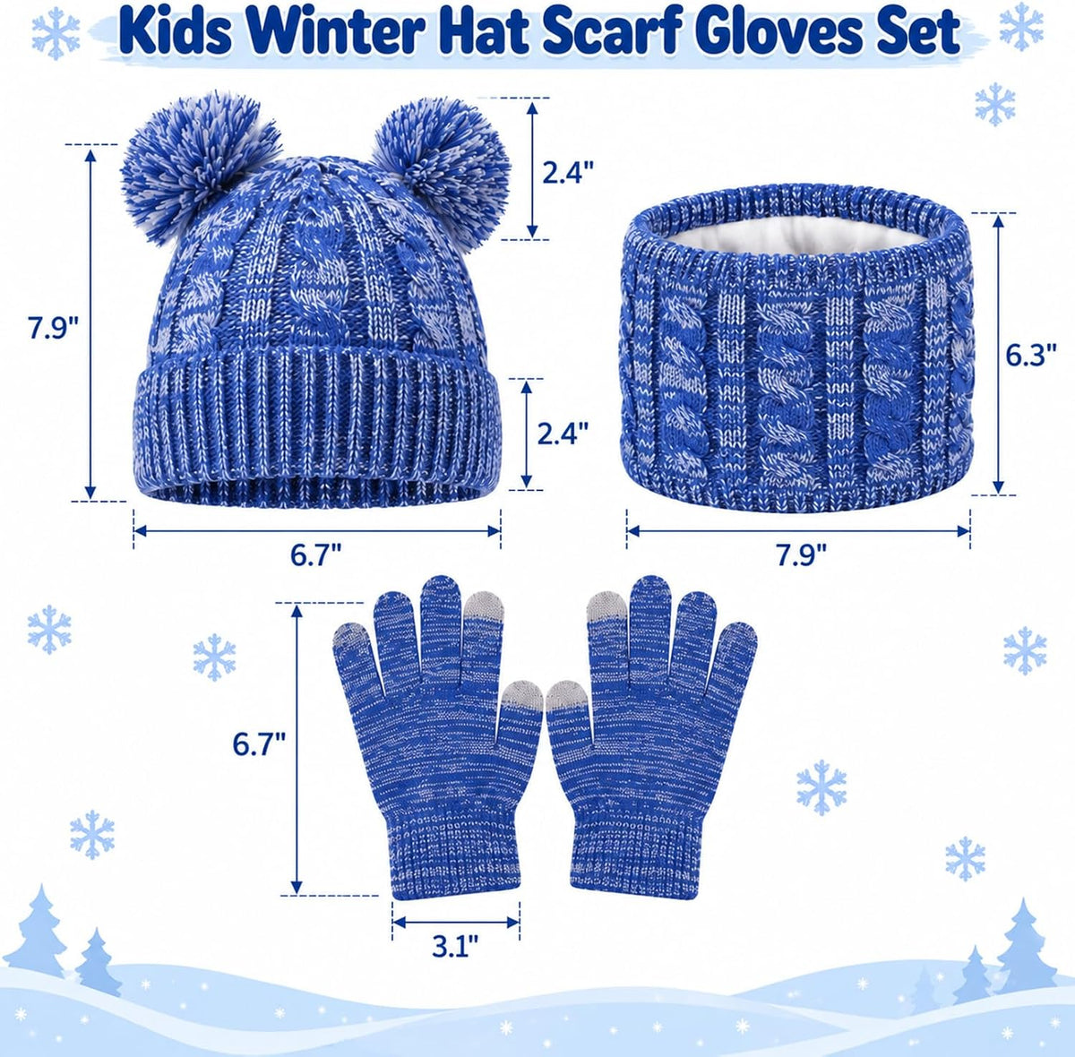Kids Winter Hat Scarf Gloves Set - Pom Beanie Fleece-Lined Neck Warmer 3-8Y