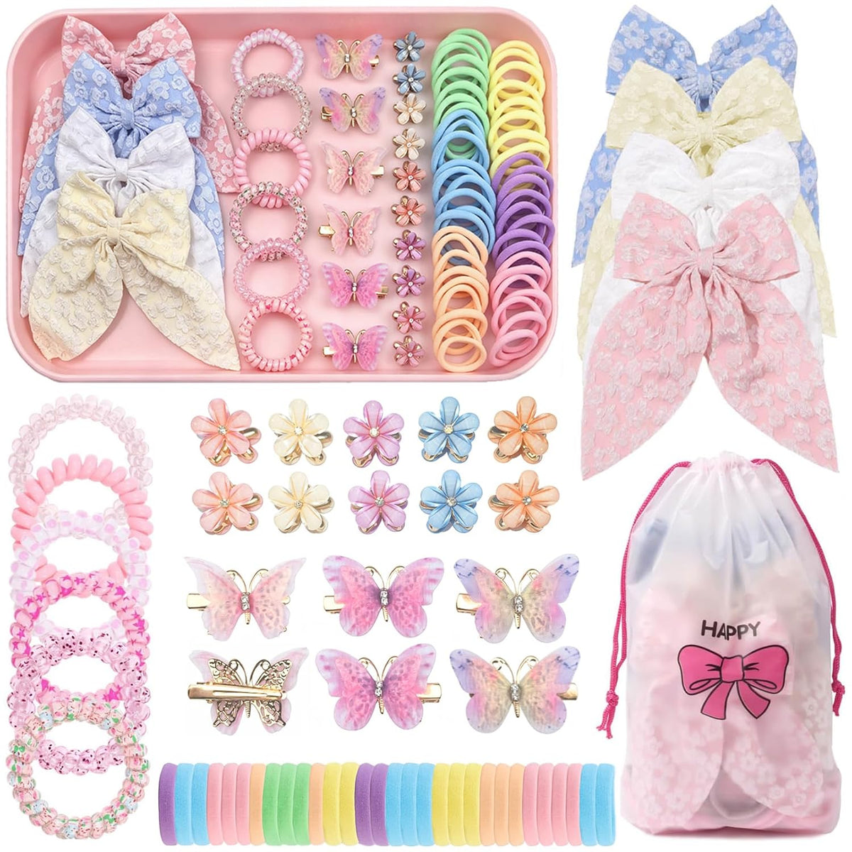 76Pcs Pink Little Girls Hair Accessories Set with Elastic Hair Ties Clips