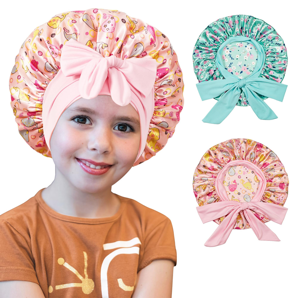 Silk Bonnet for Kids, Satin Hair Bonnet for Sleeping with Tie Band