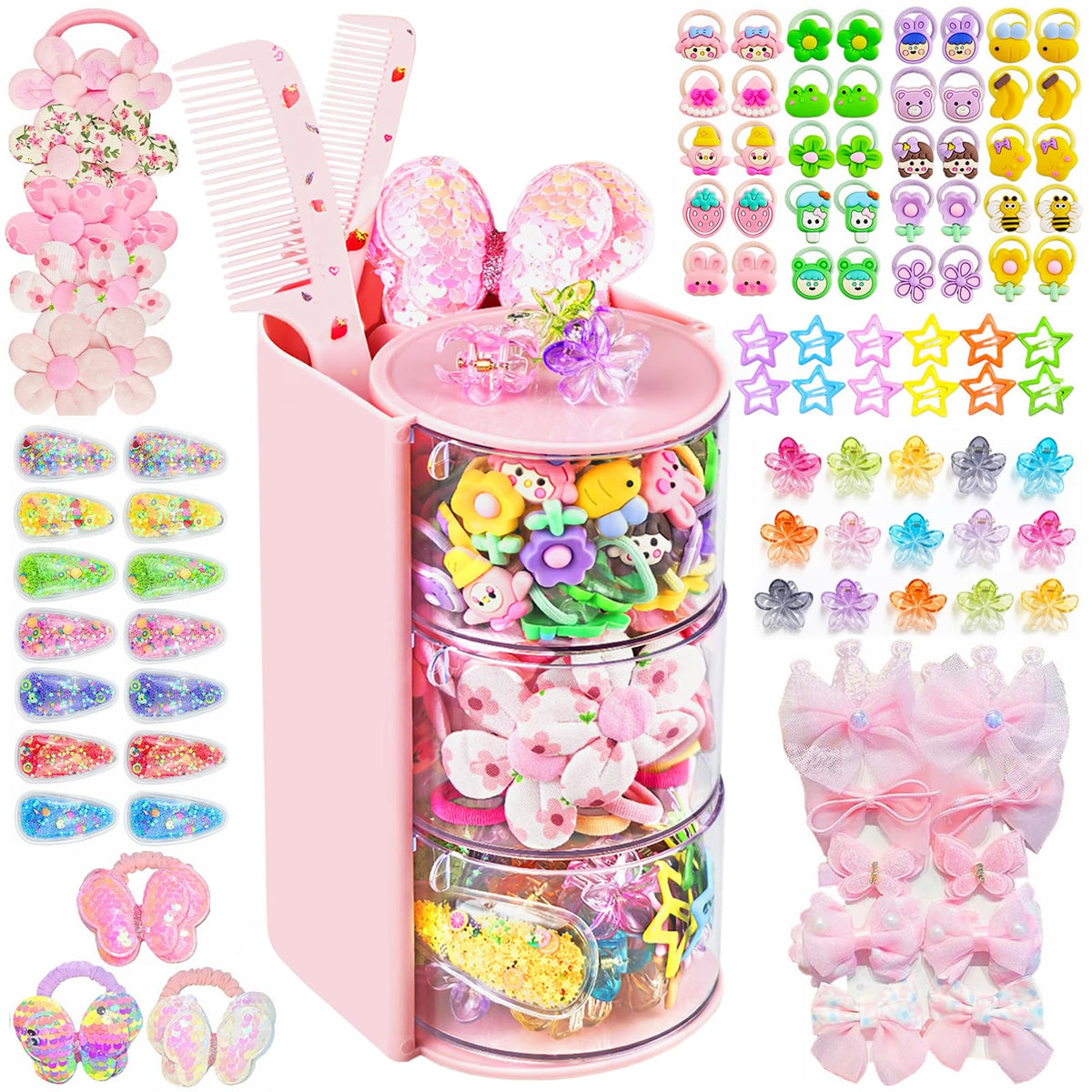 900Pcs Hair Accessories for Girls with 3-Tier Pink Organizers,Ties, Clips