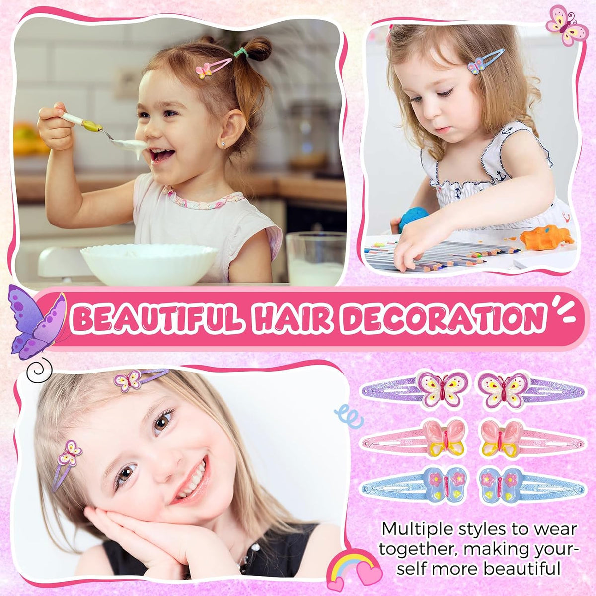 Hanaive 24 Pcs Rainbow Hair Clips for Girls Kids Hair Barrettes, Butterfly