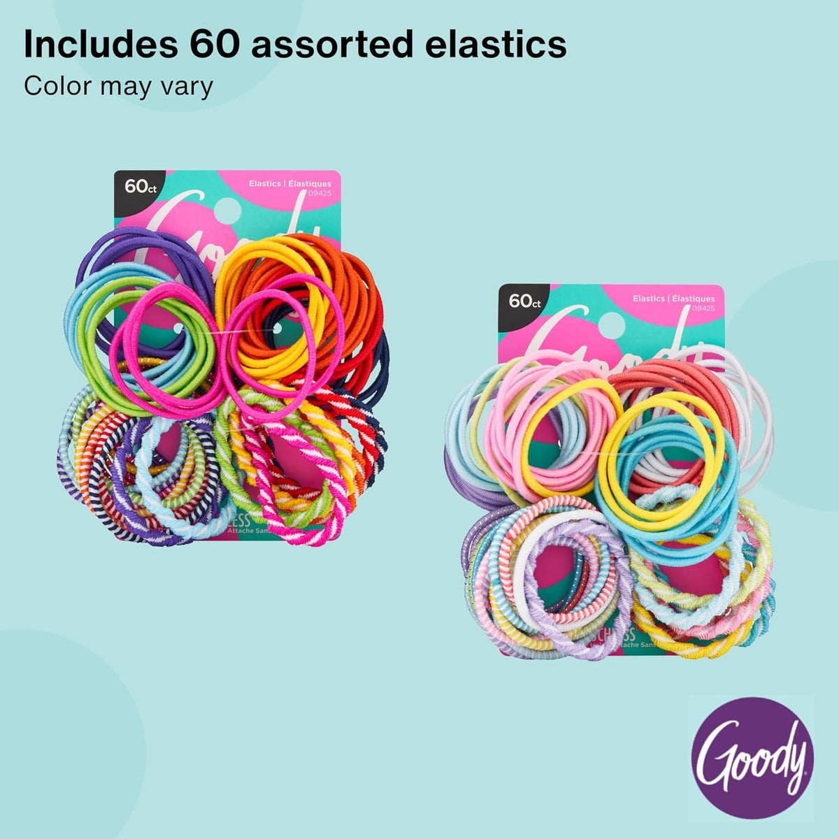Goody Kids Ouchless Elastic Hair Ties, 60 Ct, Assorted Colors, Pain-Free