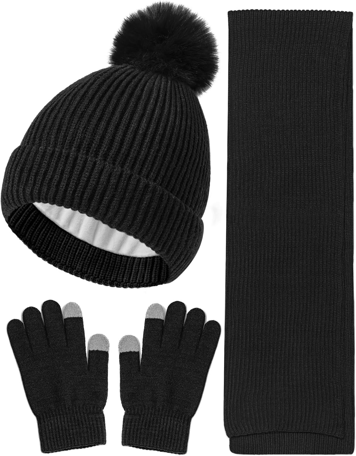 Wandx Kids Winter Hat Gloves Scarf Set Children Pompom Knit Beanie Warm Gloves with Thick Fleece for Boys Girls Ages 4-12