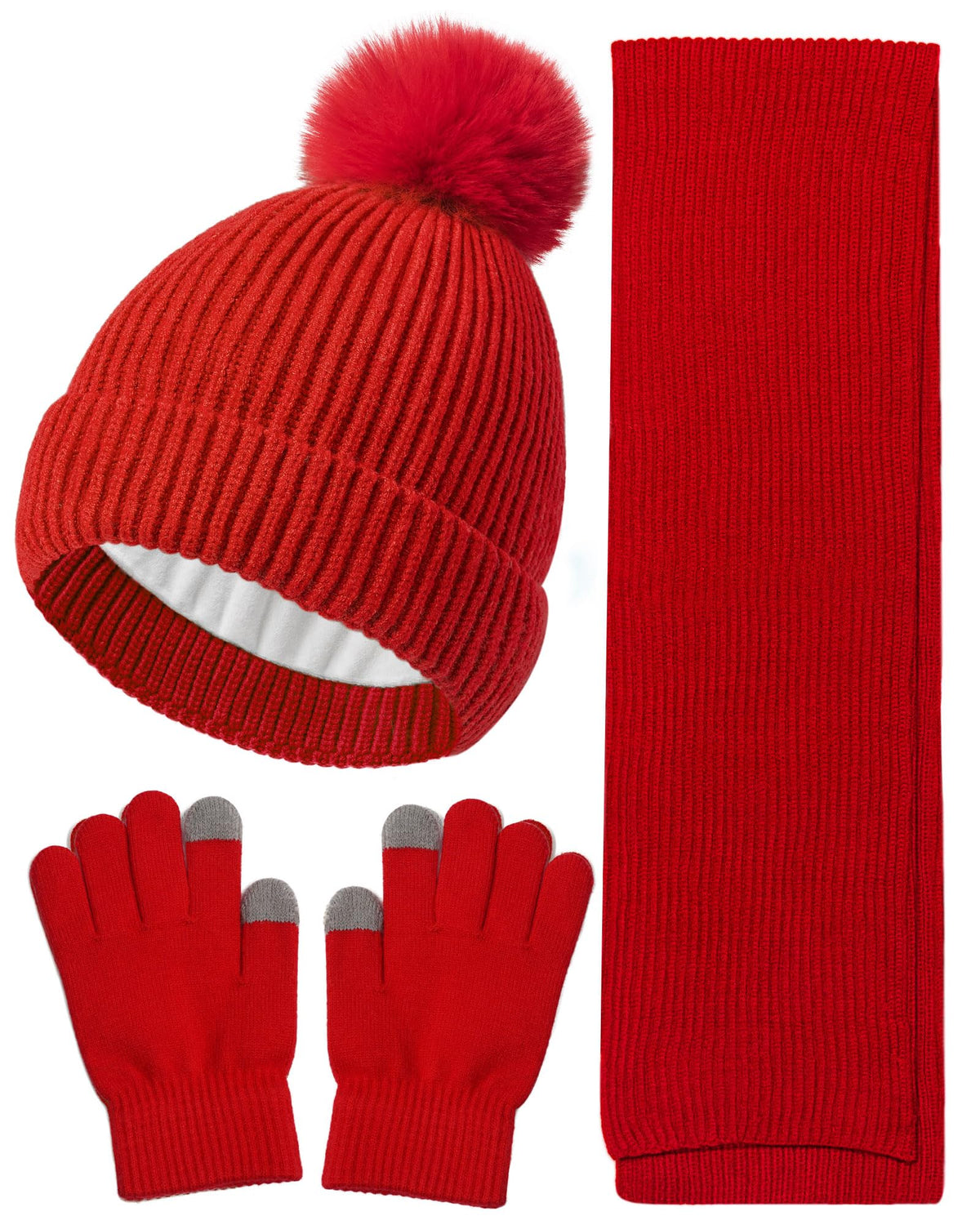 Wandx Kids Winter Hat Gloves Scarf Set Children Pompom Knit Beanie Warm Gloves with Thick Fleece for Boys Girls Ages 4-12