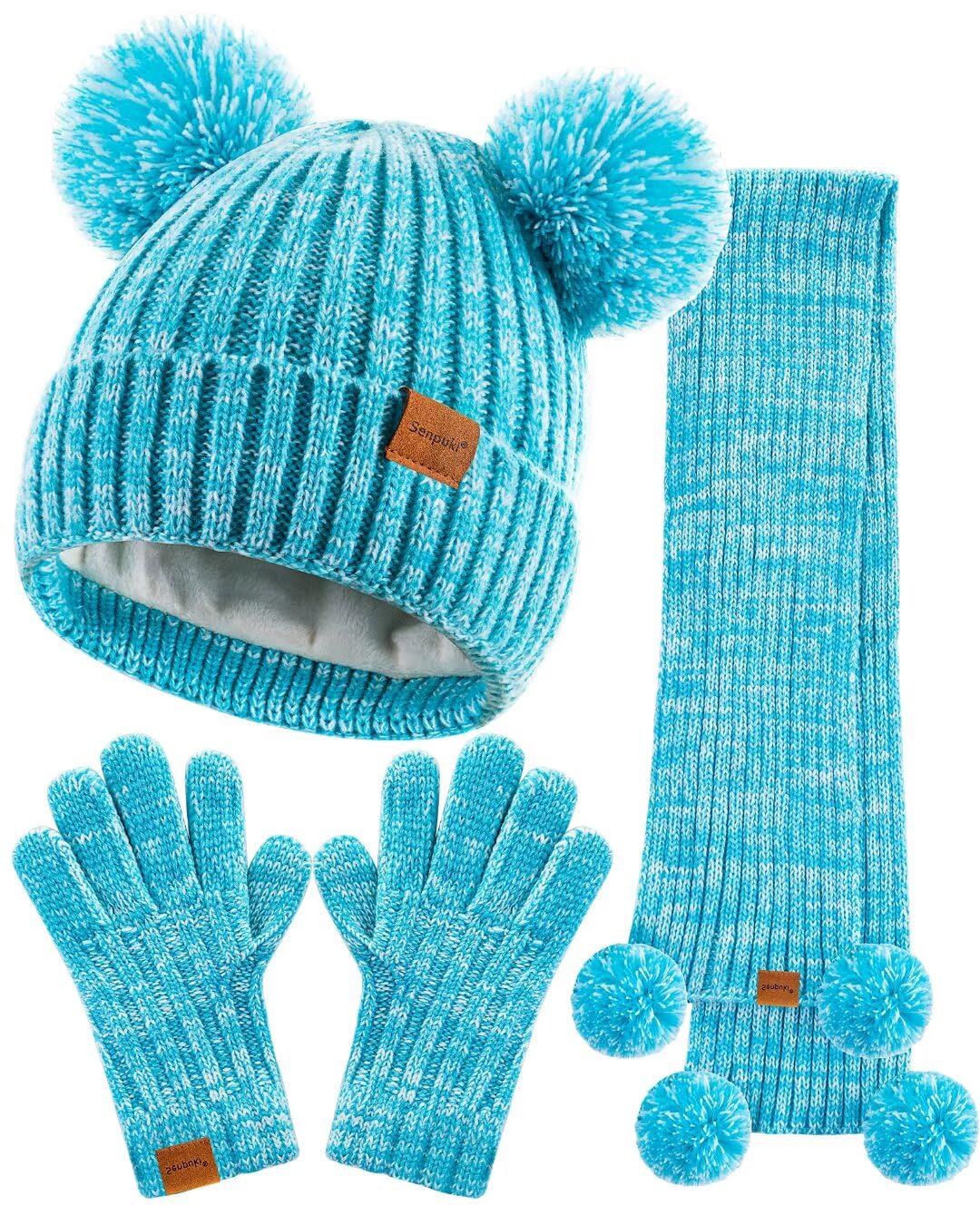 Kids Winter Hat Gloves Scarf Set, Girls Toddler Children Beanie with Pom Knit Neck Warmer Gaiter Mittens Fleece Lined Set
