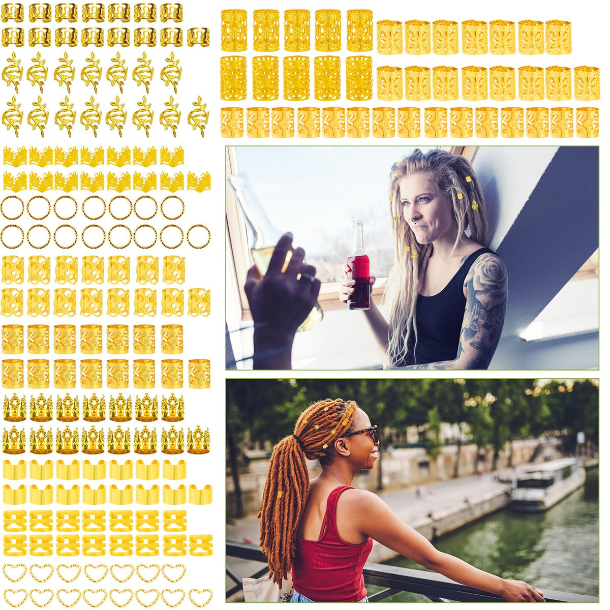 190 Pcs Gold Hair Jewelry for Braids & Dreadlocks - Loc Jewelry with Ring Cuffs, Clips, Charms & Decorations for Men, Women & Girls