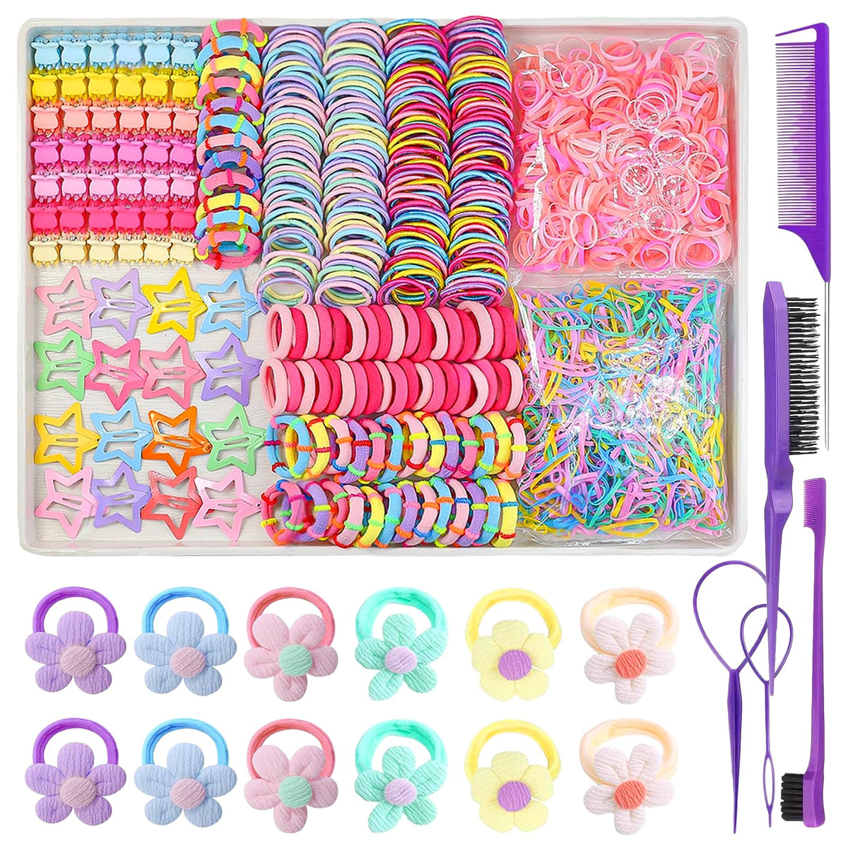 889 pcs Hair Rubber Bands Neutral Colors Elastic Hair Ties for Girls Hair Accessories Set with 30 pcs Star Hair Clips