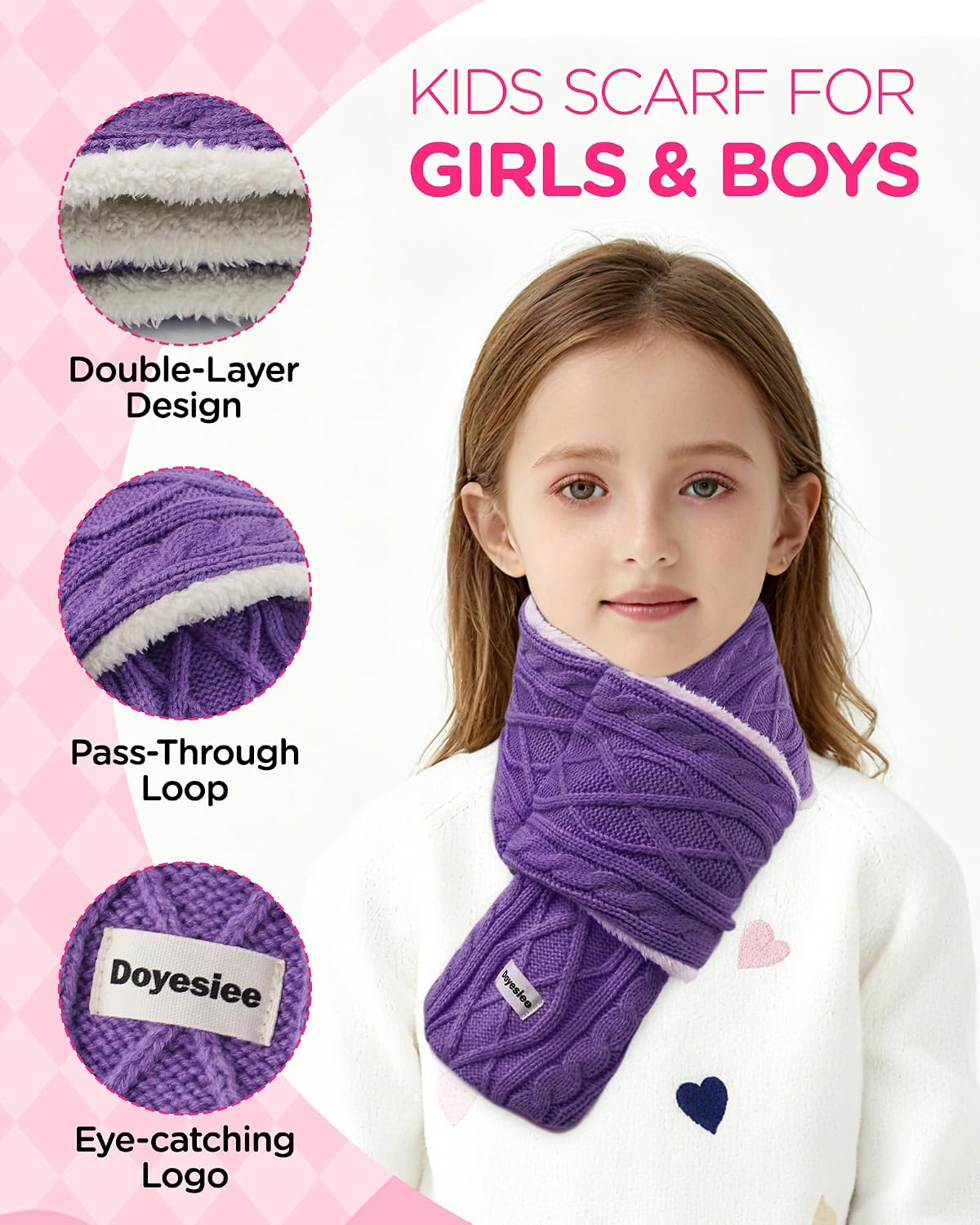 Kids Scarf for Girls Boys, Winter Long Fleece Plush Scarves Knitted Cross Tie Neck Warmer for Cold Weather