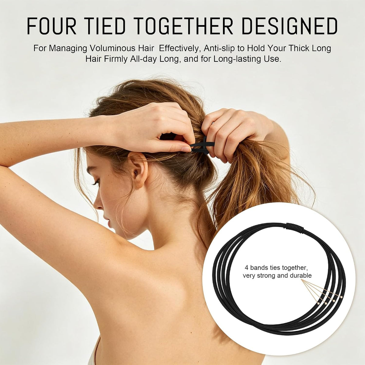 XieNie 50pcs Black Hair Ties for Women Girls with Thick Long Heavy or Curly Hair, Strong Hair Elastics No Damage 4Bands Tied Together High Ponytail Holders Hair Bands, Hair Accessories