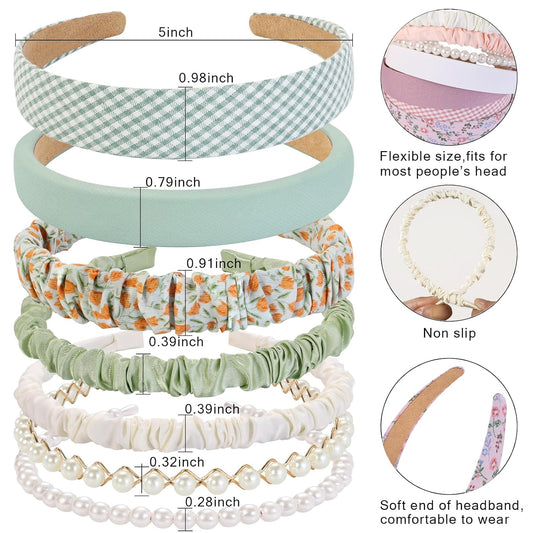 7 Pcs Headbands for Women Girls, Non Slip Cute Pearl Floral Padded Vintage Wide Fashion Multi-style Headbands for Girls
