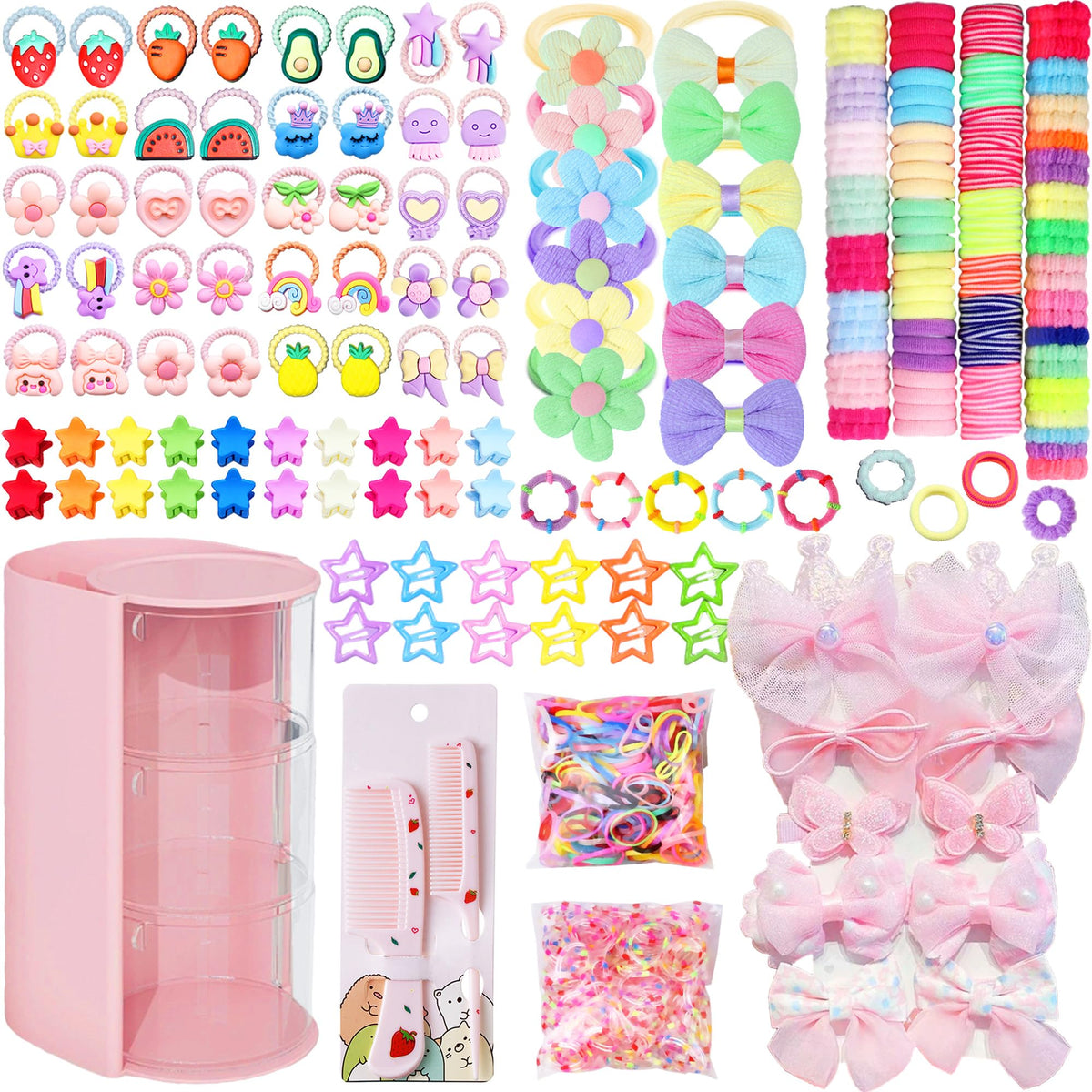 900Pcs Hair Accessories for Girls with 3-Tier Pink Organizers,Ties, Clips