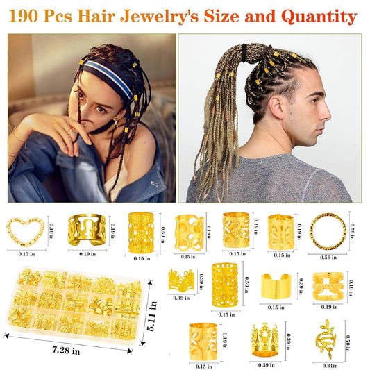 190 Pcs Gold Hair Jewelry for Braids & Dreadlocks - Loc Jewelry with Ring Cuffs, Clips, Charms & Decorations for Men, Women & Girls