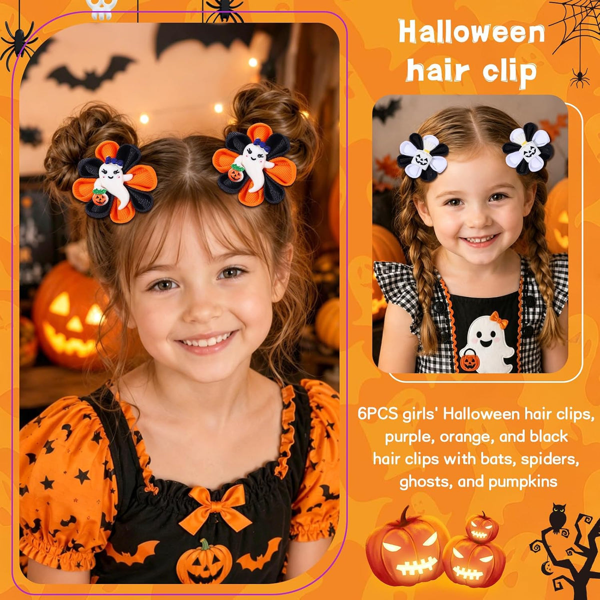 6PCS Halloween Hair Bows for Girls, Pumpkin Ghost Flower Hair Clips