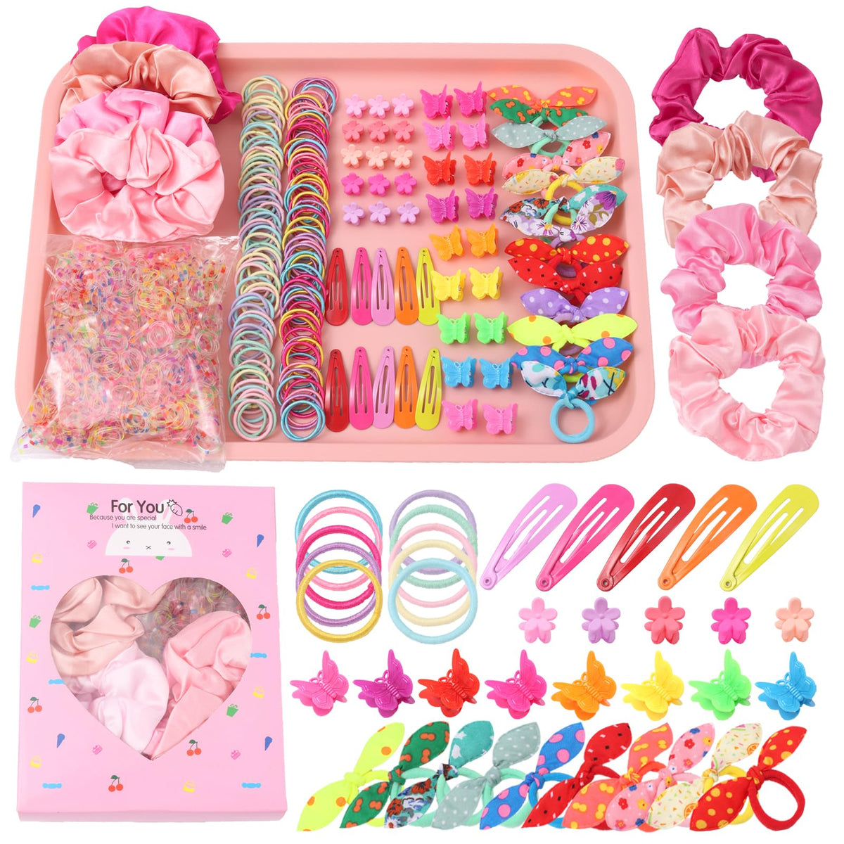 Rosvia Hair Accessories Set for Girls,Toddler Colorful Elastic Hair Ties with Gift Box 505PCS, Cute Rabbit Ear Hair Ties, Mini Flower Claw Clips and Butterfly Hair Clips,Satin Silk Scrunchies
