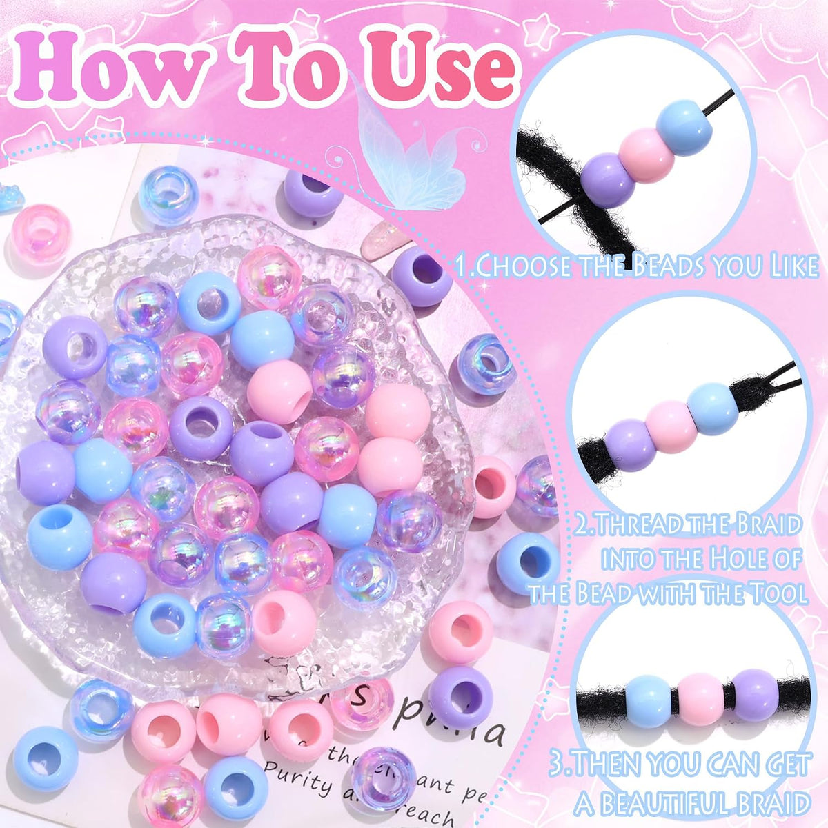 NAISKA 60PCS Blue Pink Hair Beads Purple Beads for Braids Iridescent Mermaid Dreadlock Pony Bead 3 Colors Loc Jewelry Summer Hair Accessories for Kids Girls