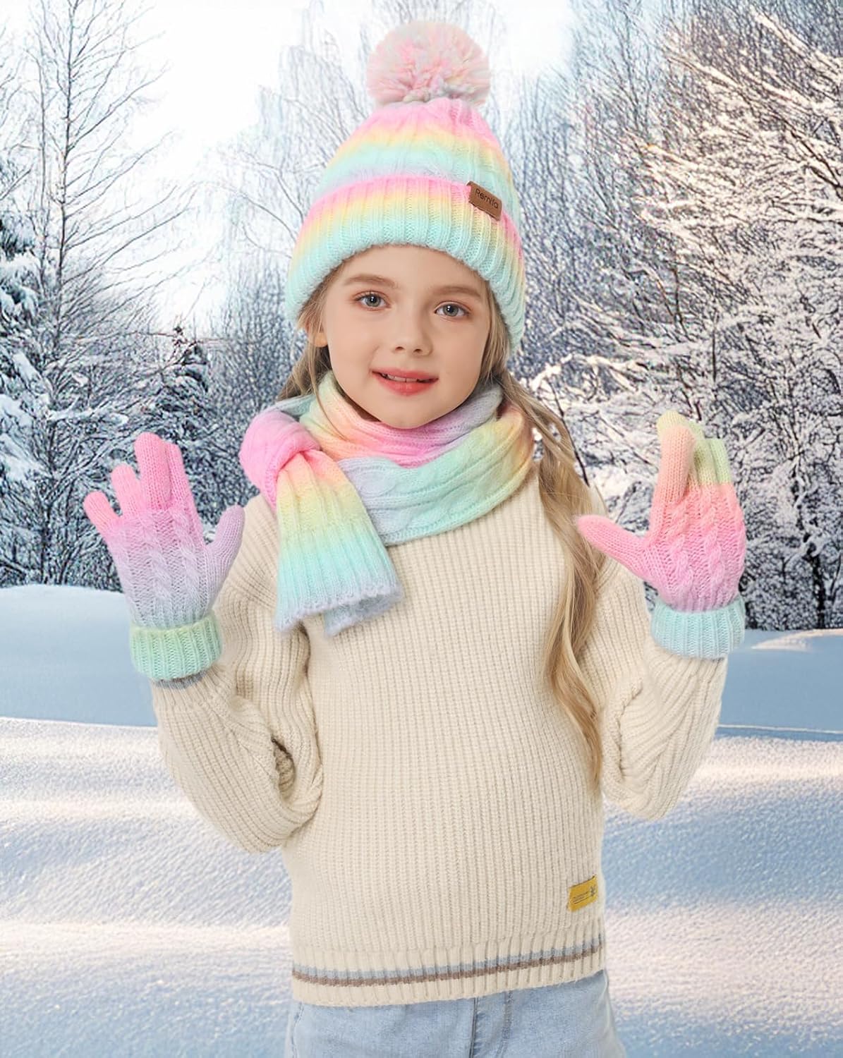 Remifa Kids Winter Hat Scarf Gloves Set, Girls Boys Toddler 8% Wool Warm Fleece Beanie Knit Neck Scarf Mittens Christmas Gift