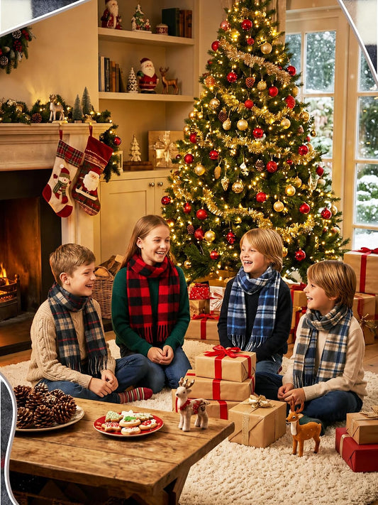 Bencailor 4 Pcs Kids Winter Scarf Kids Buffalo Plaid Scarves Christmas Warm Shawls Scarves Parent Child Scarf for Boys Girls
