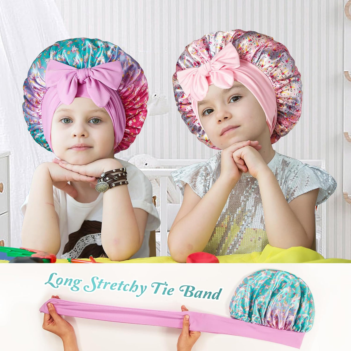 Silk Bonnet for Kids, Satin Hair Bonnet for Sleeping with Tie Band