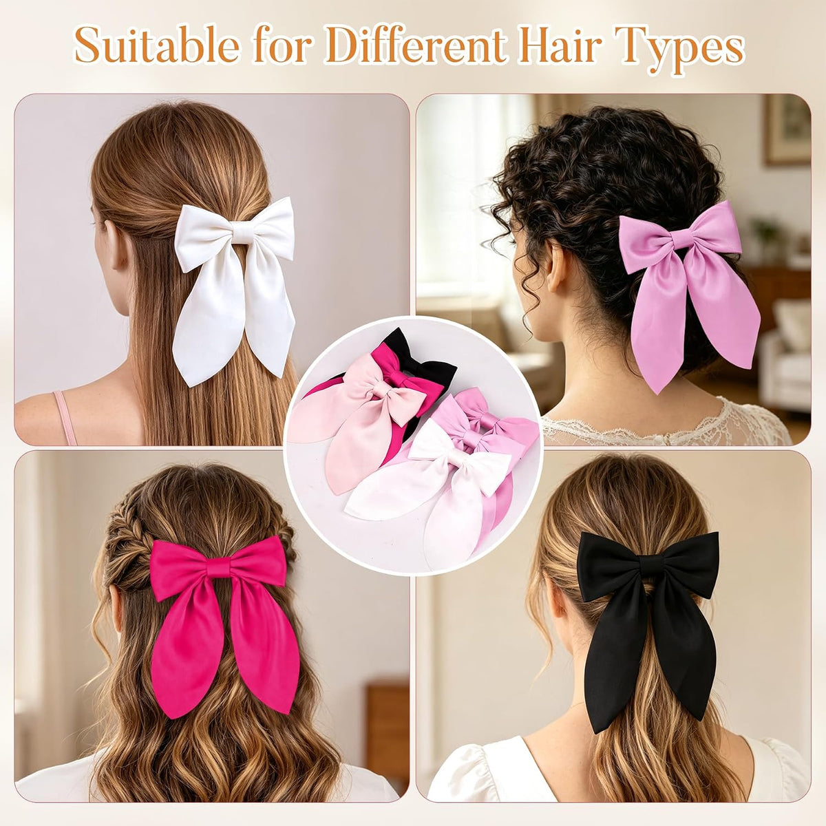 Bow Hair Clips for Women, 6Pcs Pink Hair Bows for Girls, Silky Satin Bows