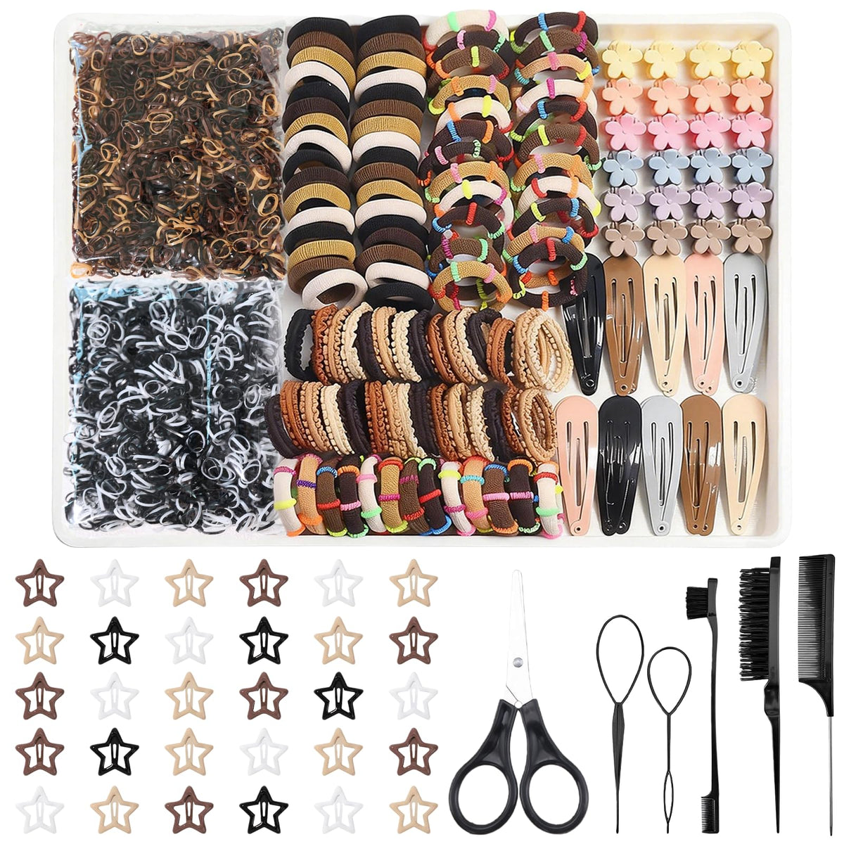 889 pcs Hair Rubber Bands Neutral Colors Elastic Hair Ties for Girls Hair Accessories Set with 30 pcs Star Hair Clips