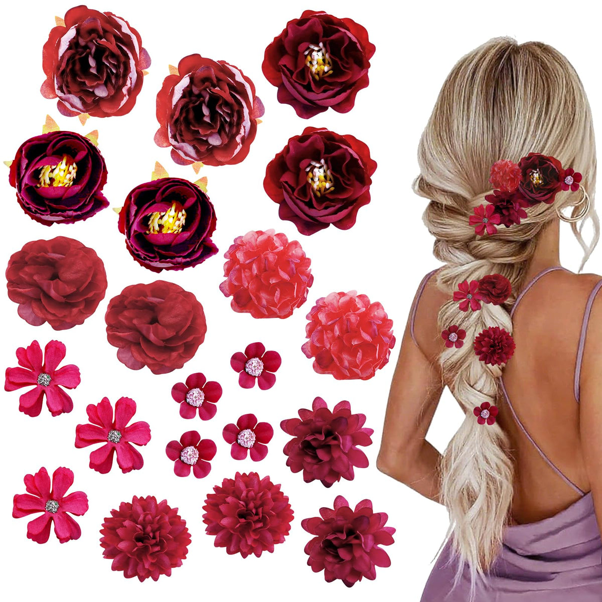 21 PCS Hair Flowers Boho Hair Barrettes Accessories Hawaiian Silk Flower Clips Girls Purple Blue Floral Bride Headpiece Festival(BLUE & PURPLE)