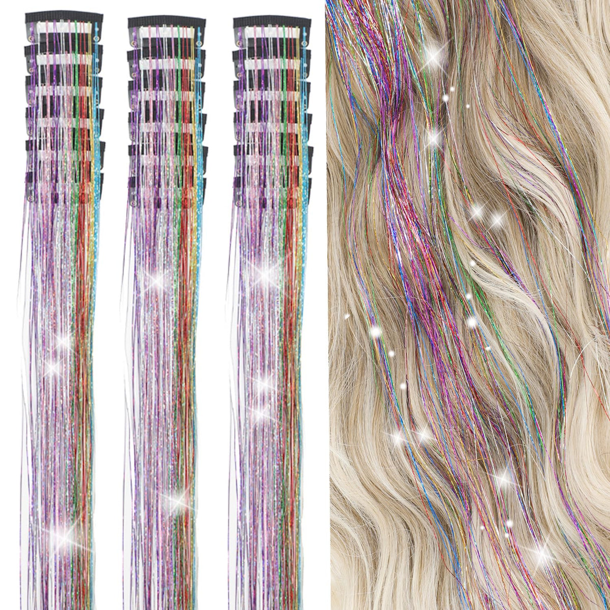 18 Pcs Hair Tinsel Clip in, Pink Hair Tinsel Kit, Tinsel Hair Extensions