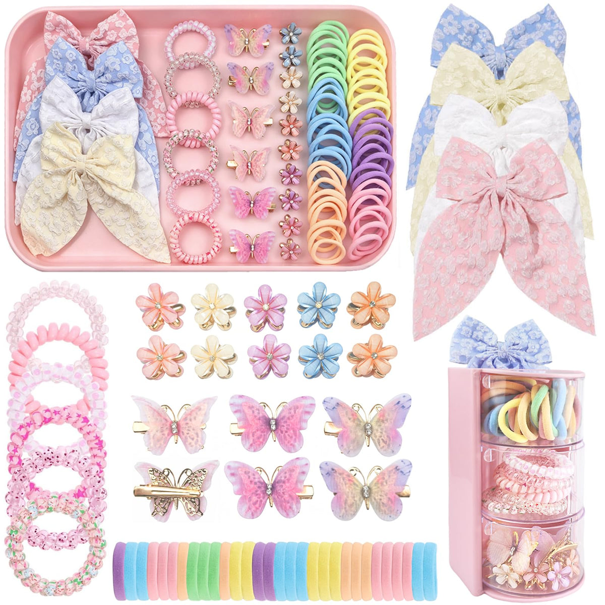 76Pcs Pink Little Girls Hair Accessories Set with Elastic Hair Ties Clips