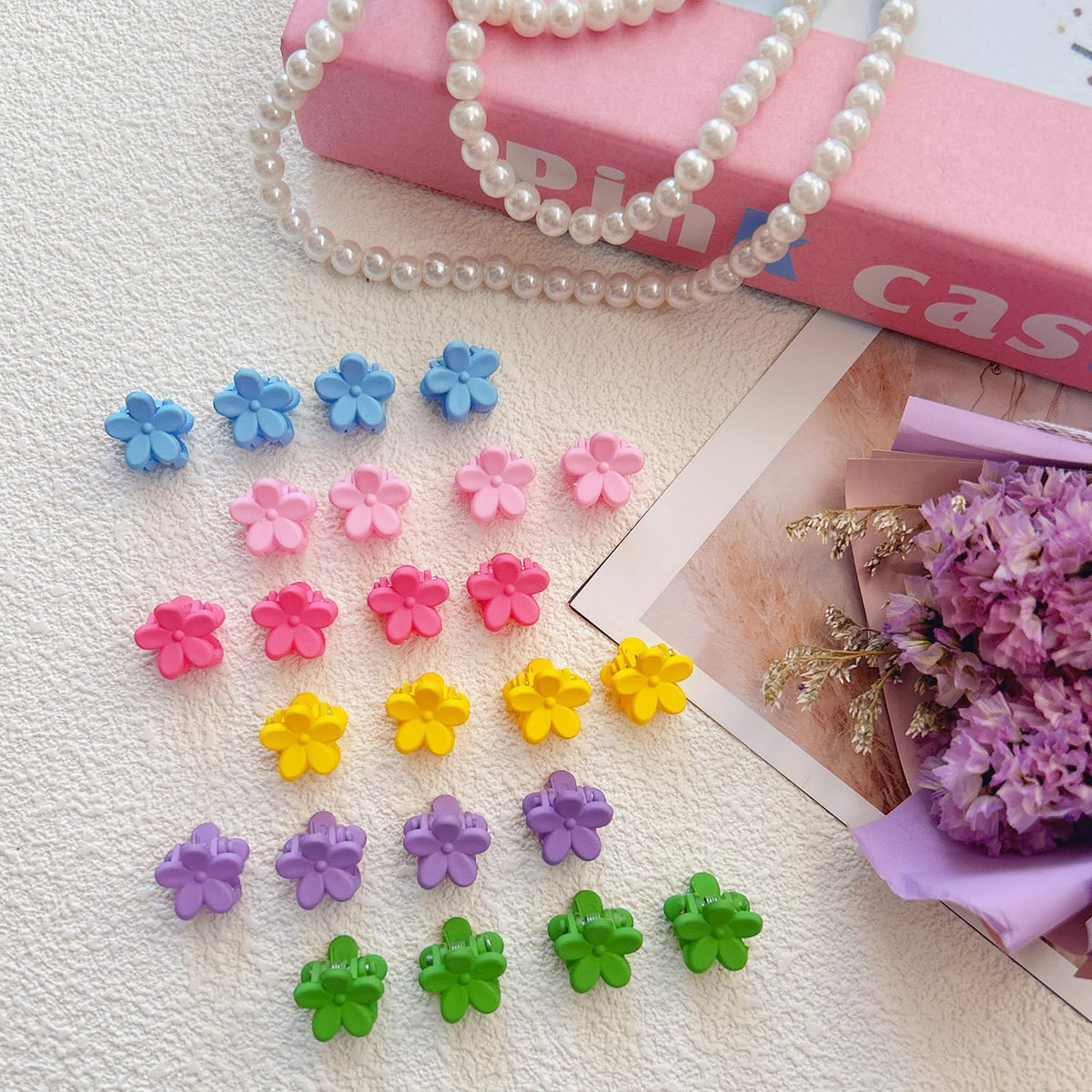 EleMirsa 96pcs Baby Girl Hair Clips - 24 Multicolors Mini Flower Claw Clips in Organizer Box