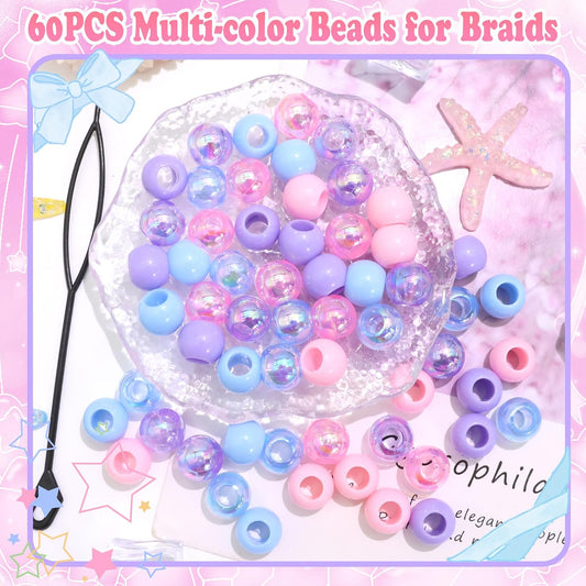 NAISKA 60PCS Blue Pink Hair Beads Purple Beads for Braids Iridescent Mermaid Dreadlock Pony Bead 3 Colors Loc Jewelry Summer Hair Accessories for Kids Girls