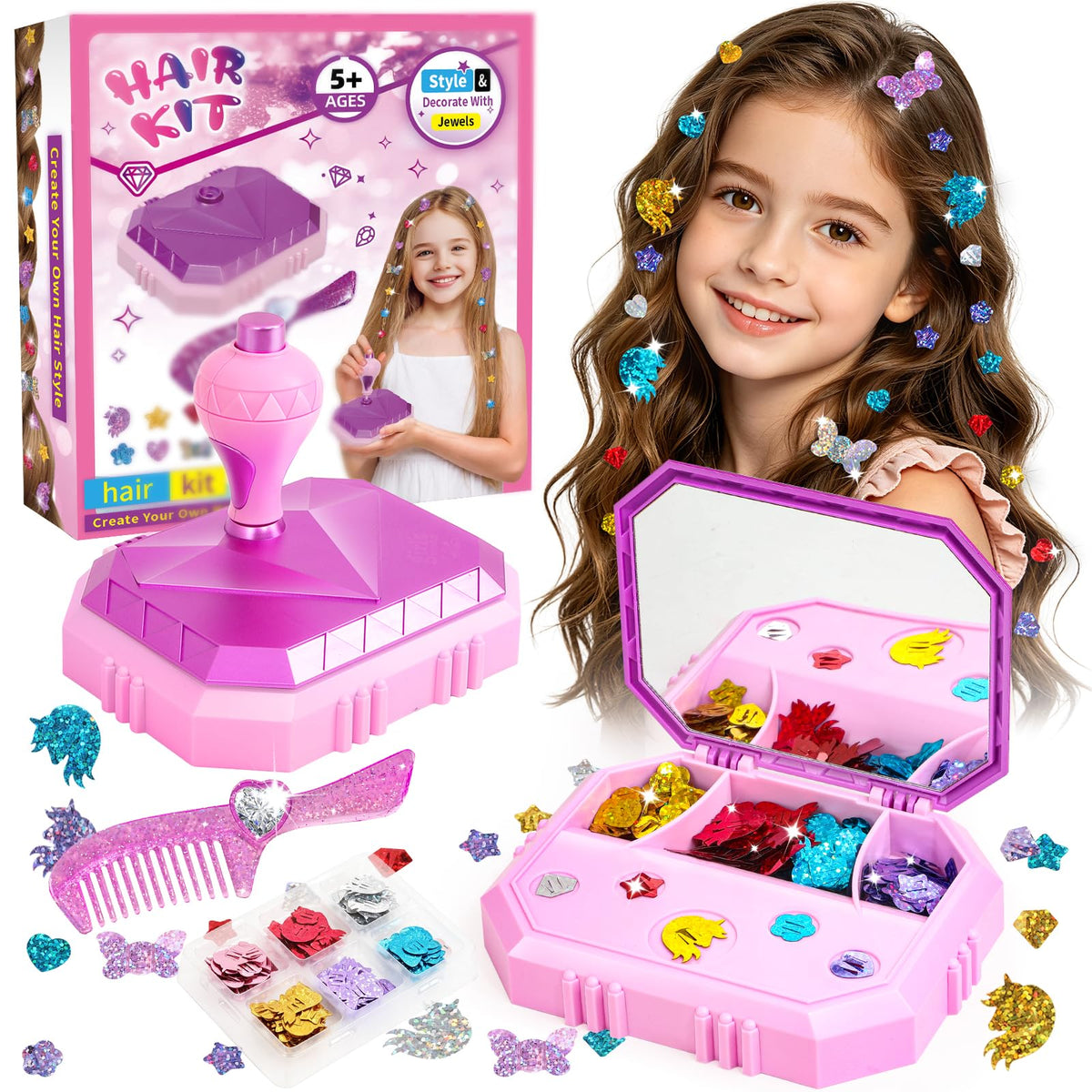 Hair Gem Stamper Kit – Hair Jewelry & Bling Craft Toys for Girls – Sparkling Hair Accessories with Glitter Sequins – DIY Hair Arts Crafts – Birthday Gifts for 5 6 7 8 9 10 11 12 Year Old