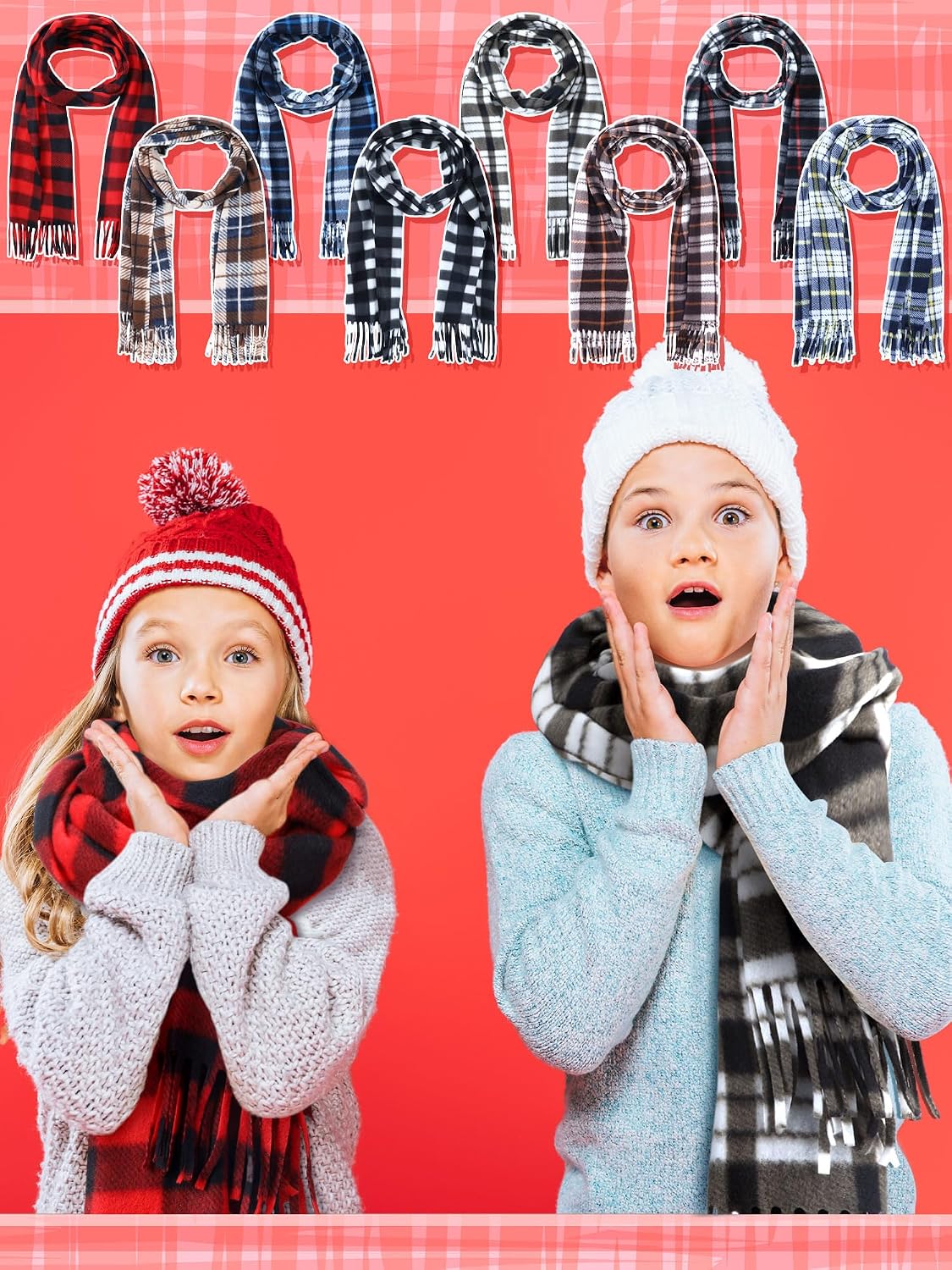 Fourluoo 8 Pcs Kids Winter Scarf Buffalo Plaid Kids Scarves Christmas Warm Shawls Scarves Parent Child Scarf for Boys Girls