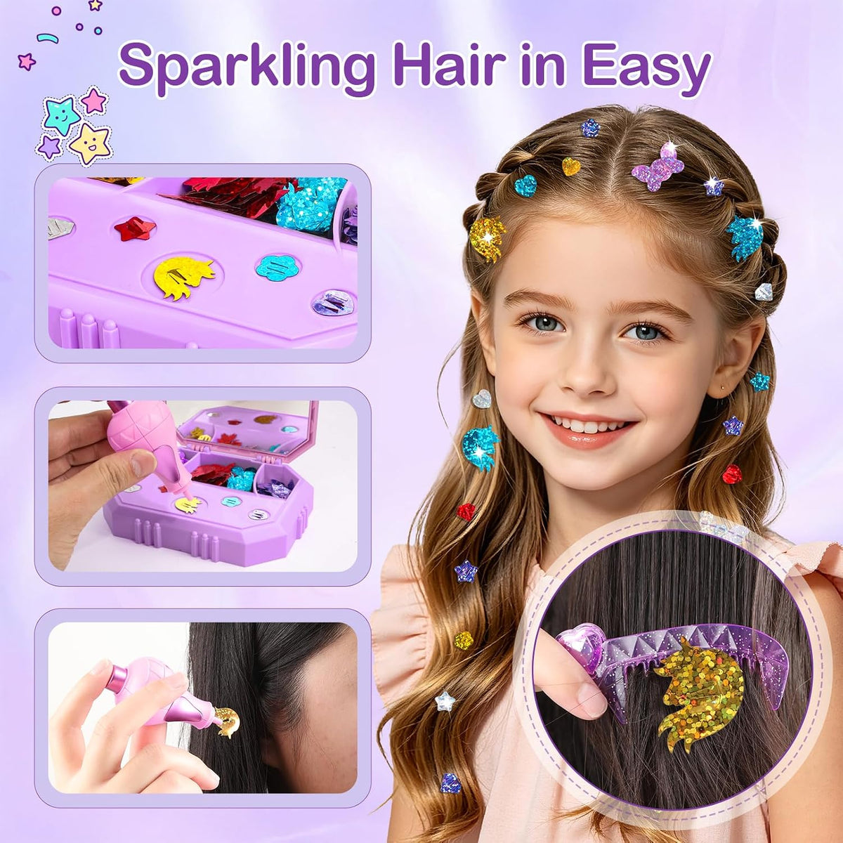 Hair Gem Stamper Kit – Hair Jewelry & Bling Craft Toys for Girls – Sparkling Hair Accessories with Glitter Sequins – DIY Hair Arts Crafts – Birthday Gifts for 5 6 7 8 9 10 11 12 Year Old