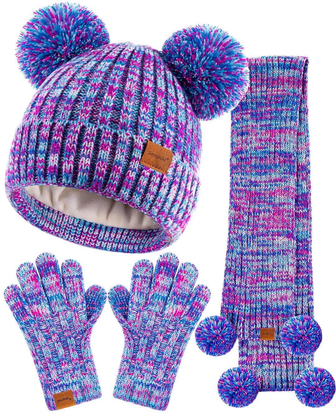Kids Winter Hat Gloves Scarf Set, Girls Toddler Children Beanie with Pom Knit Neck Warmer Gaiter Mittens Fleece Lined Set