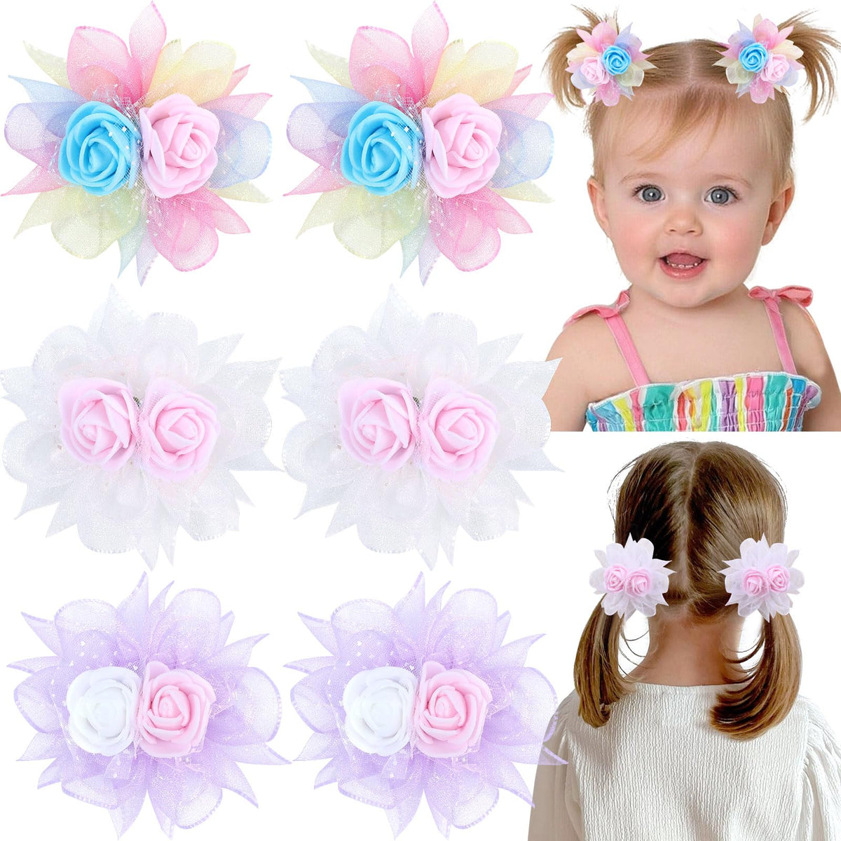 TOKUFAGU 6PCS Hair Bows for Girls, Flower Hair Clips Rainbow Hair Accessories for Girls Toddler Bows with Alligator Clips for Kids Child Teens(Rainbow)