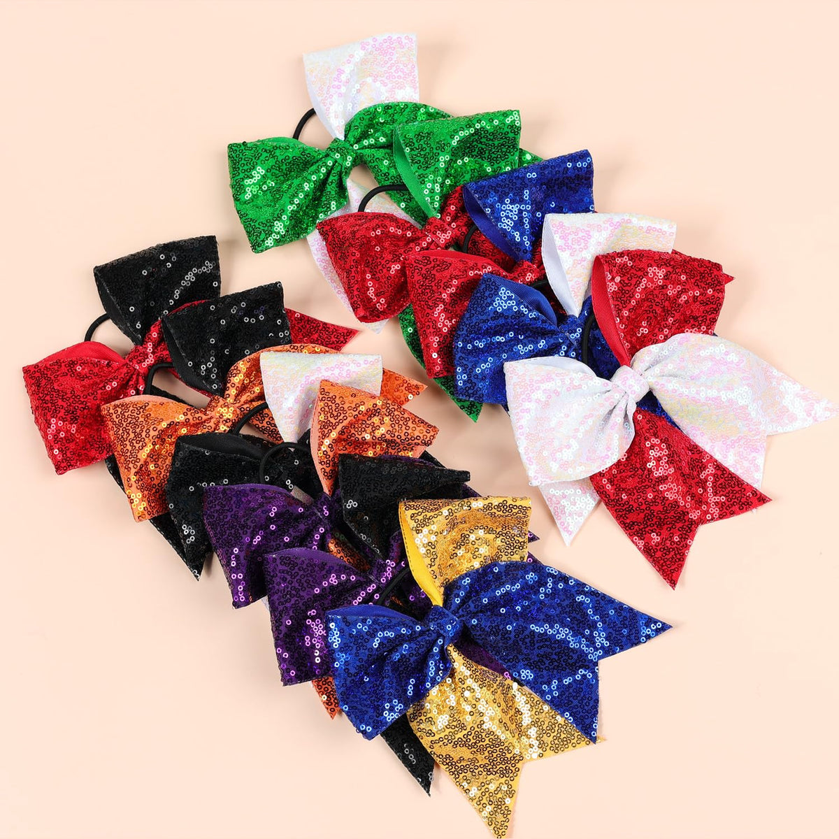 Bow Hair Tie for Girls Large Cheer Bow Sequins Ponytail Women Teen Girls Cheerleading Ribbon Holder Hair Band (Black + Orange)