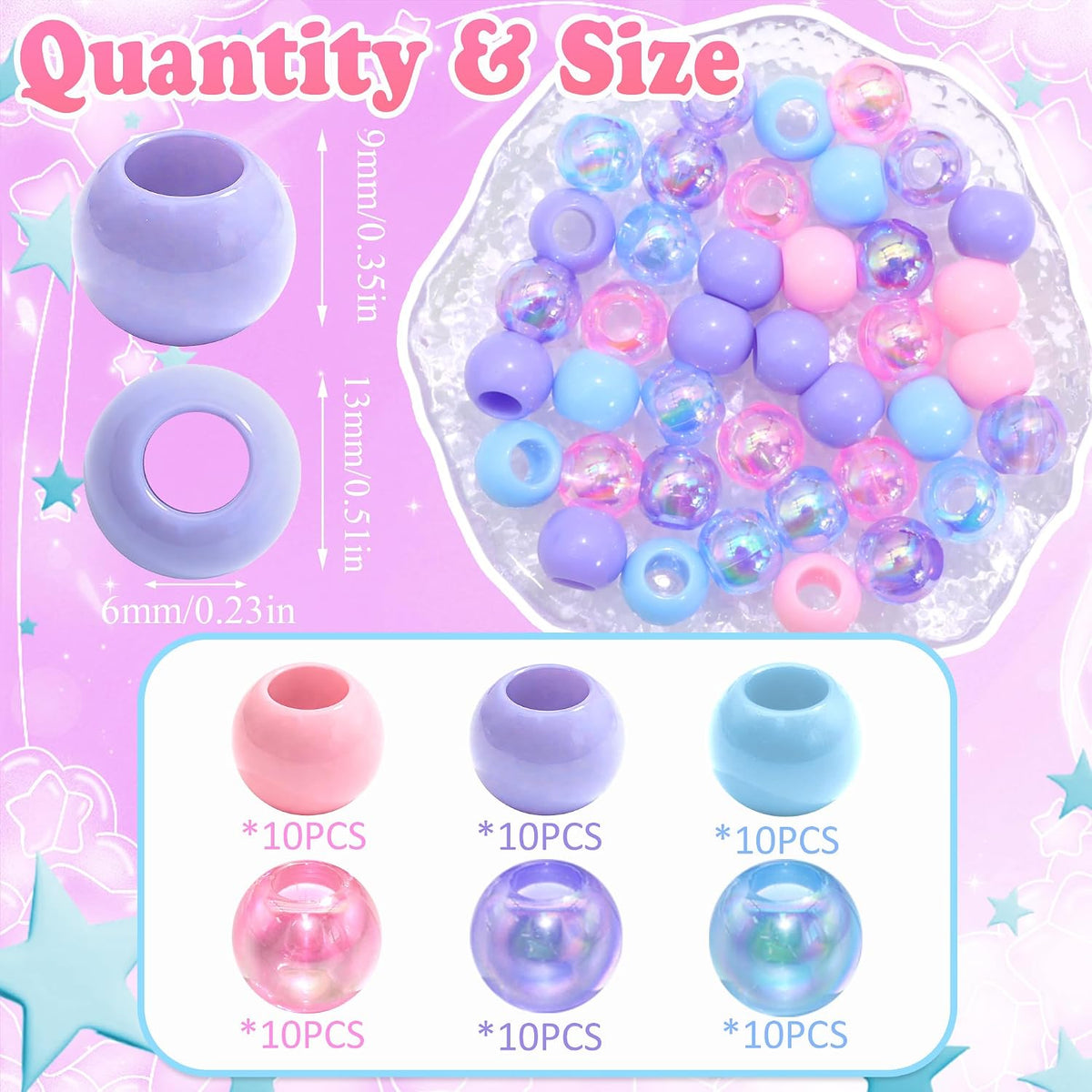 NAISKA 60PCS Blue Pink Hair Beads Purple Beads for Braids Iridescent Mermaid Dreadlock Pony Bead 3 Colors Loc Jewelry Summer Hair Accessories for Kids Girls