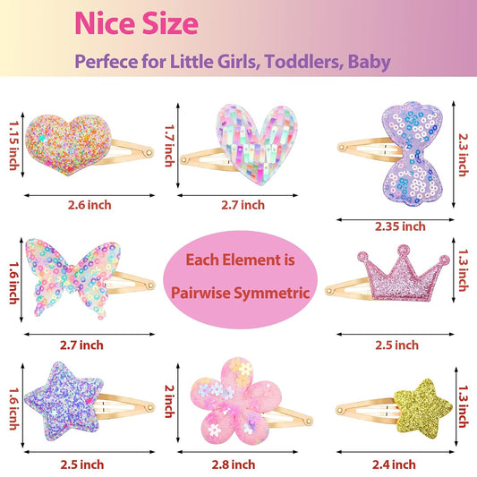 Gingbiss Hair Clips Set: 16 Sparkly Metal Snap Barrettes for Girls, Flower/Star/Crown/Heart/Butterfly Shaped Styling Accessories