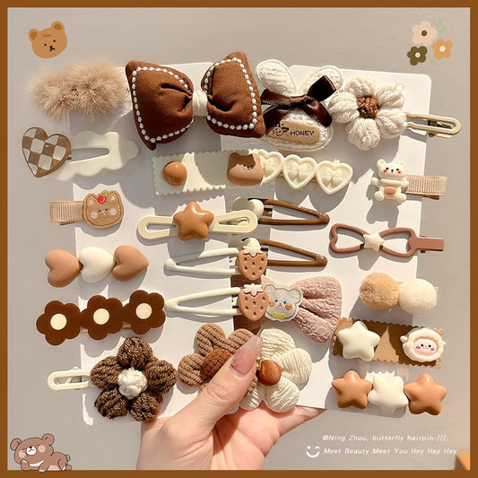 (12 Pcs) Super Cute Lovely Warm Autumn Winter Spring Theme Kid's Hairpin Flower Floral Bear Bowknot Hair Clips Hair Decoration Women Girls Salon Hairstyle Hairdressing Grip -Brown