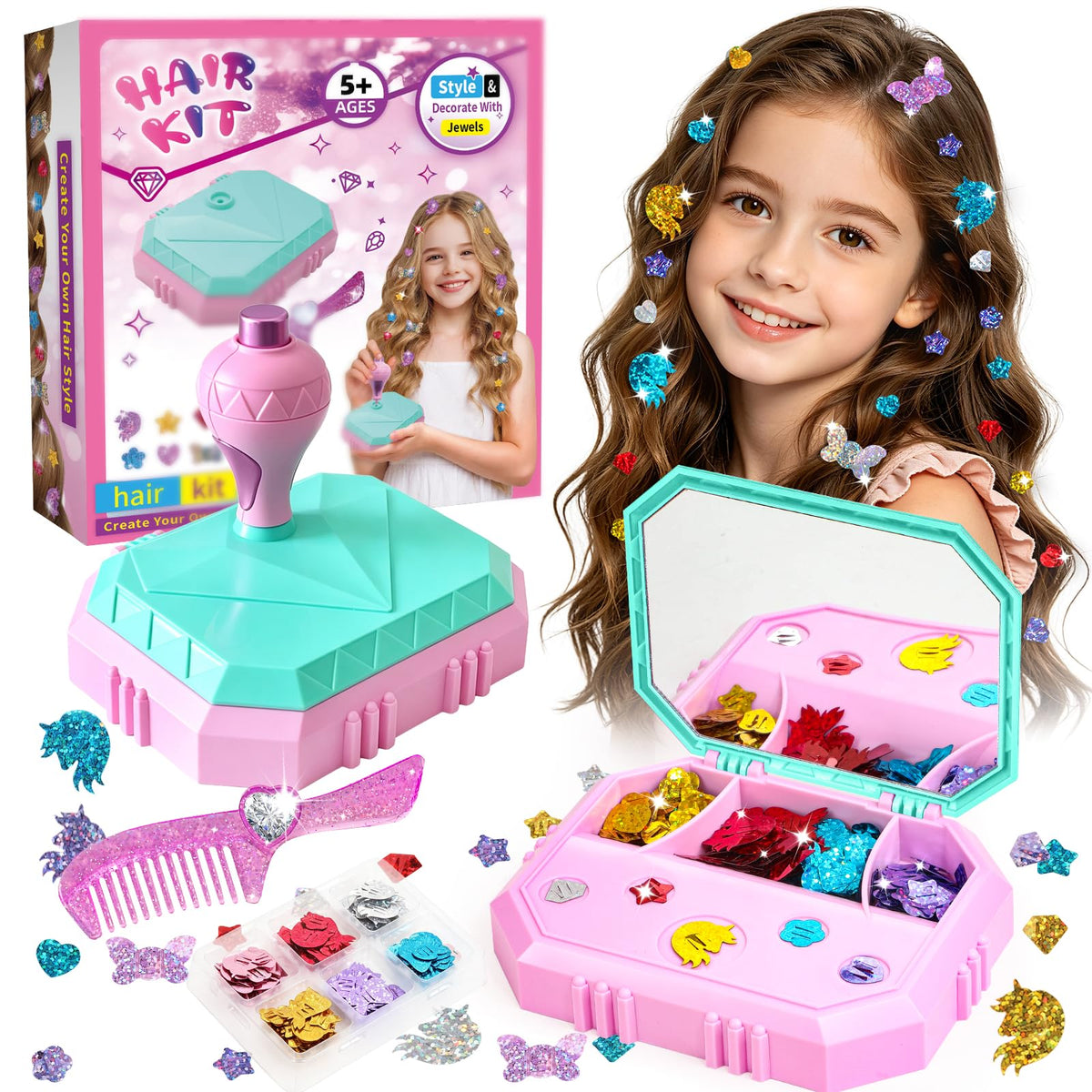 Hair Gem Stamper Kit – Hair Jewelry & Bling Craft Toys for Girls – Sparkling Hair Accessories with Glitter Sequins – DIY Hair Arts Crafts – Birthday Gifts for 5 6 7 8 9 10 11 12 Year Old