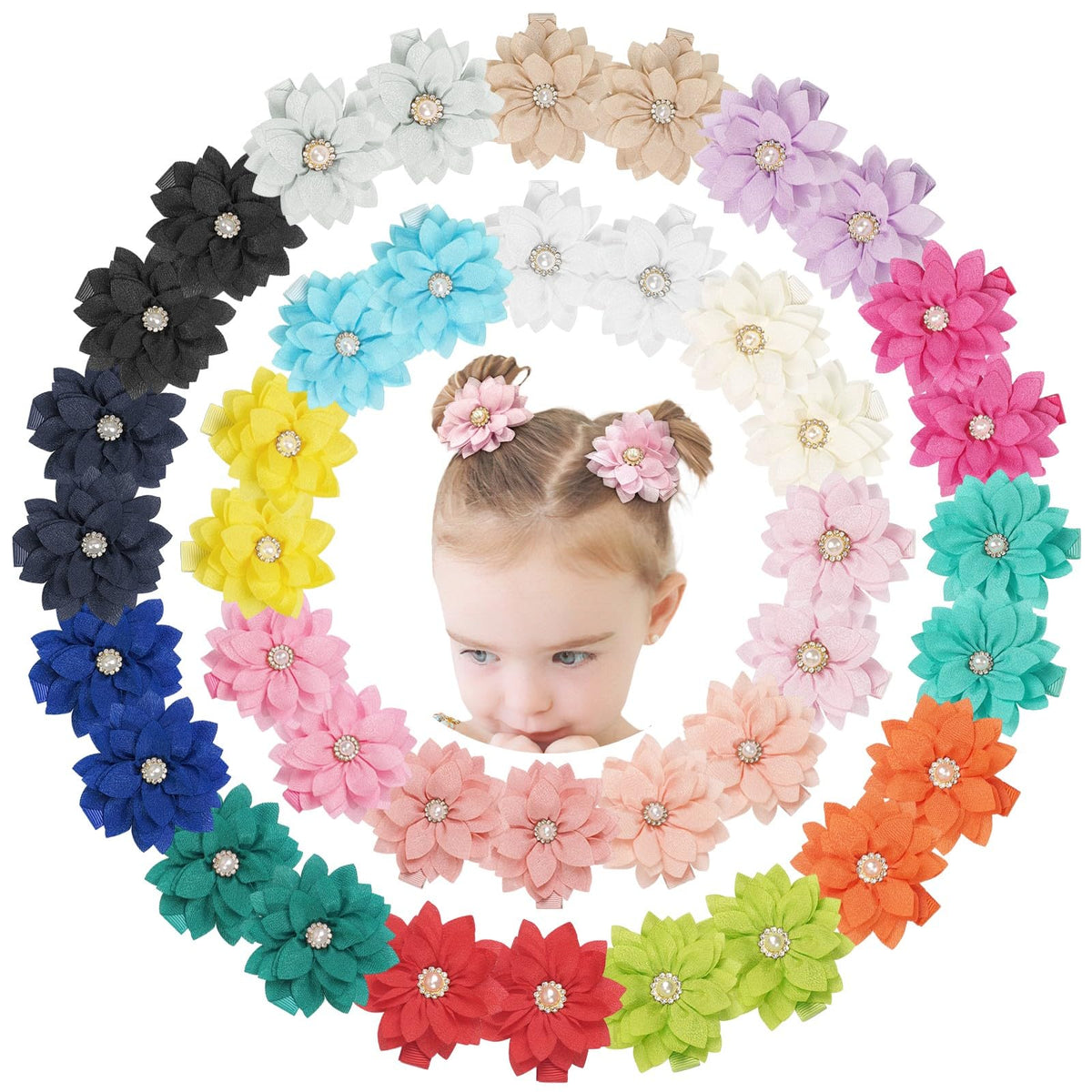DED 40PCS 2" Chiffon Flower Hair Bows Clips for Girls Infants Toddlers