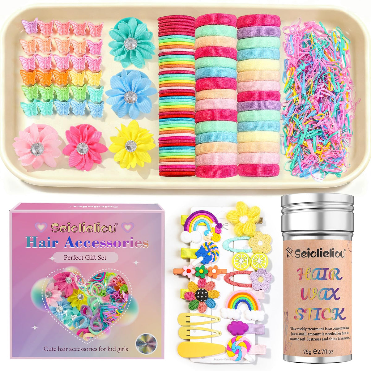 Hair Accessories for Girls, 1350P Colorful Hair Ties with 72P Hair Clips