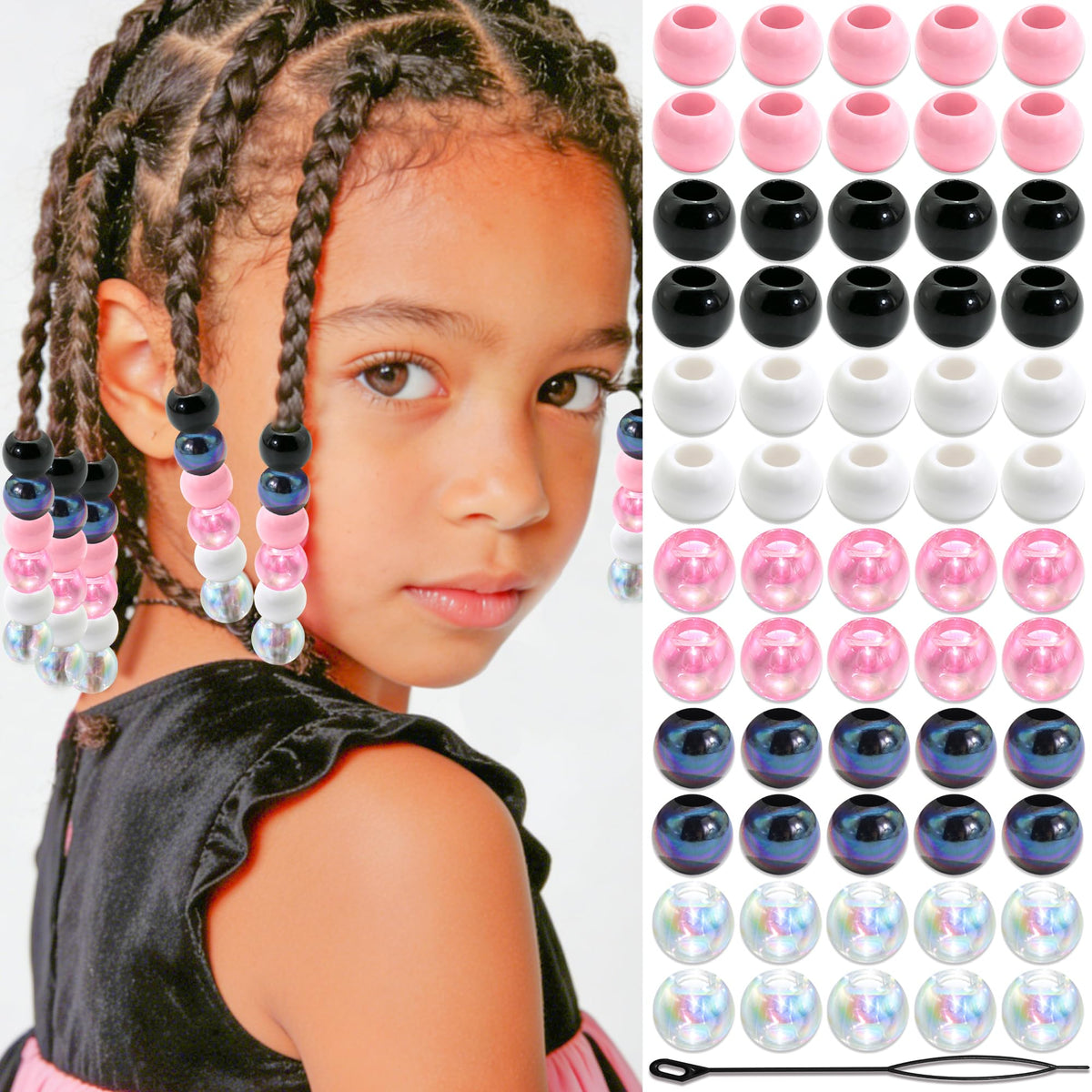 NAISKA 60PCS Blue Pink Hair Beads Purple Beads for Braids Iridescent Mermaid Dreadlock Pony Bead 3 Colors Loc Jewelry Summer Hair Accessories for Kids Girls