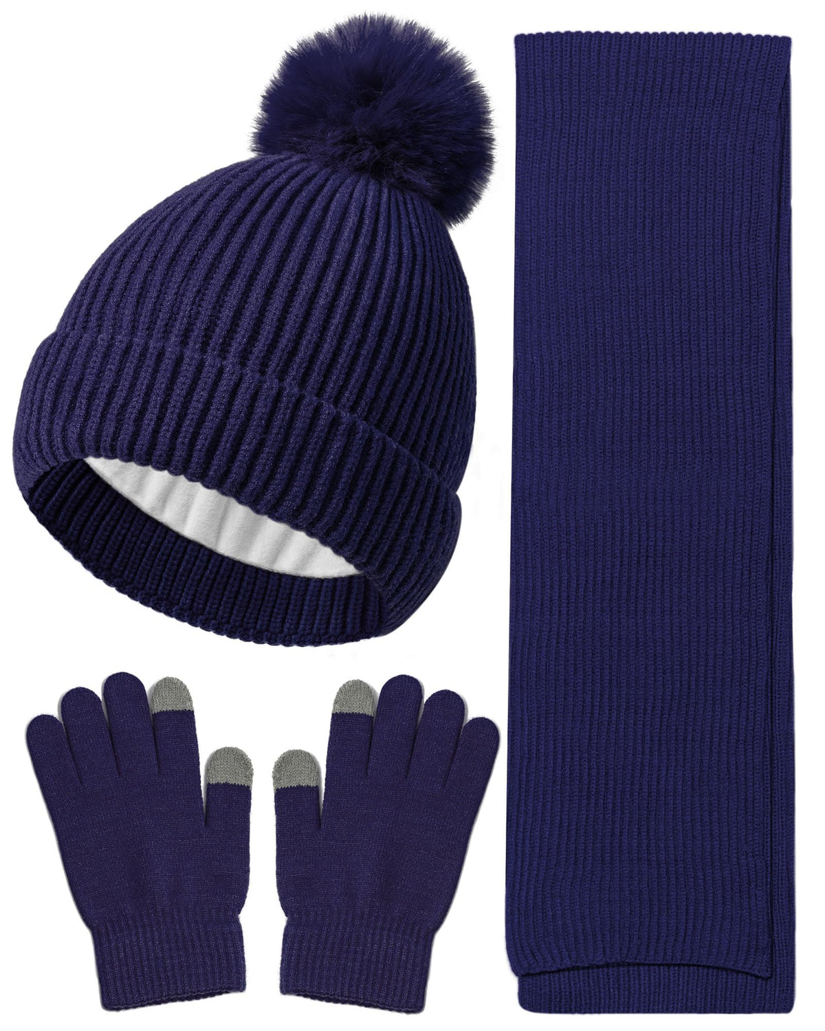 Wandx Kids Winter Hat Gloves Scarf Set Children Pompom Knit Beanie Warm Gloves with Thick Fleece for Boys Girls Ages 4-12