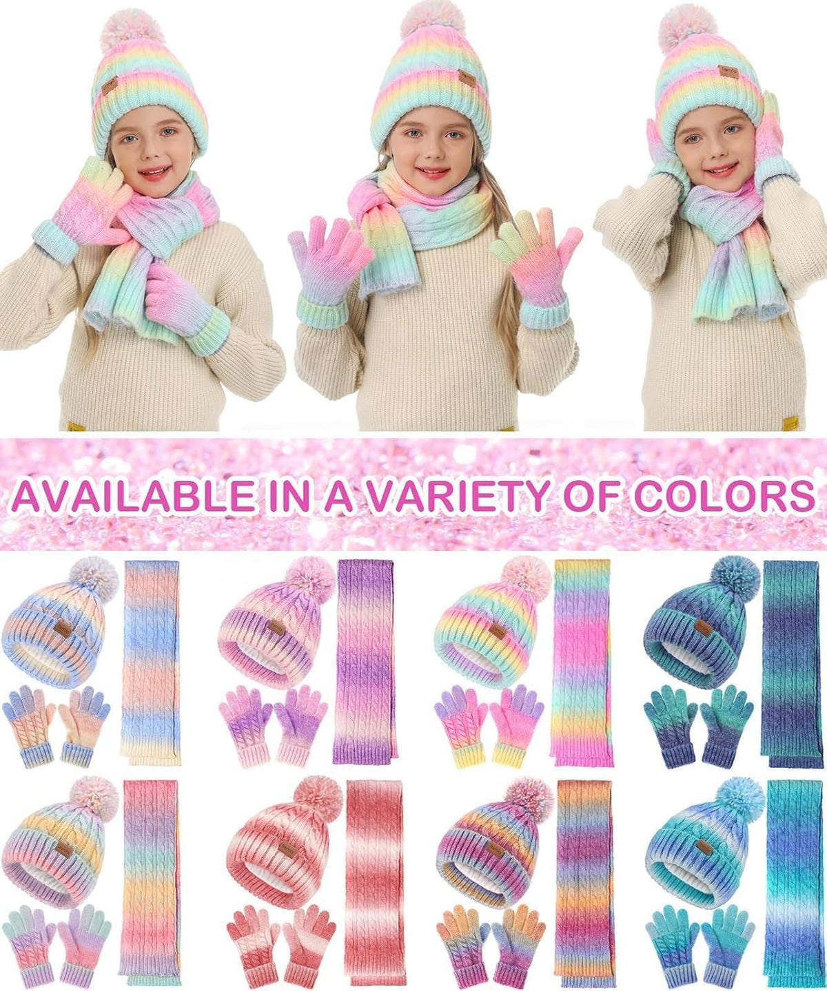 Remifa Kids Winter Hat Scarf Gloves Set, Girls Boys Toddler 8% Wool Warm Fleece Beanie Knit Neck Scarf Mittens Christmas Gift