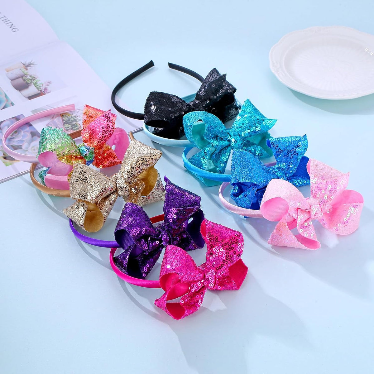 Sparkle Glitter Sequin Bow Headband for Children Girls- Boutique Style Hair Accessory with Bow Ribbon - 1 Piece (Hot Pink)