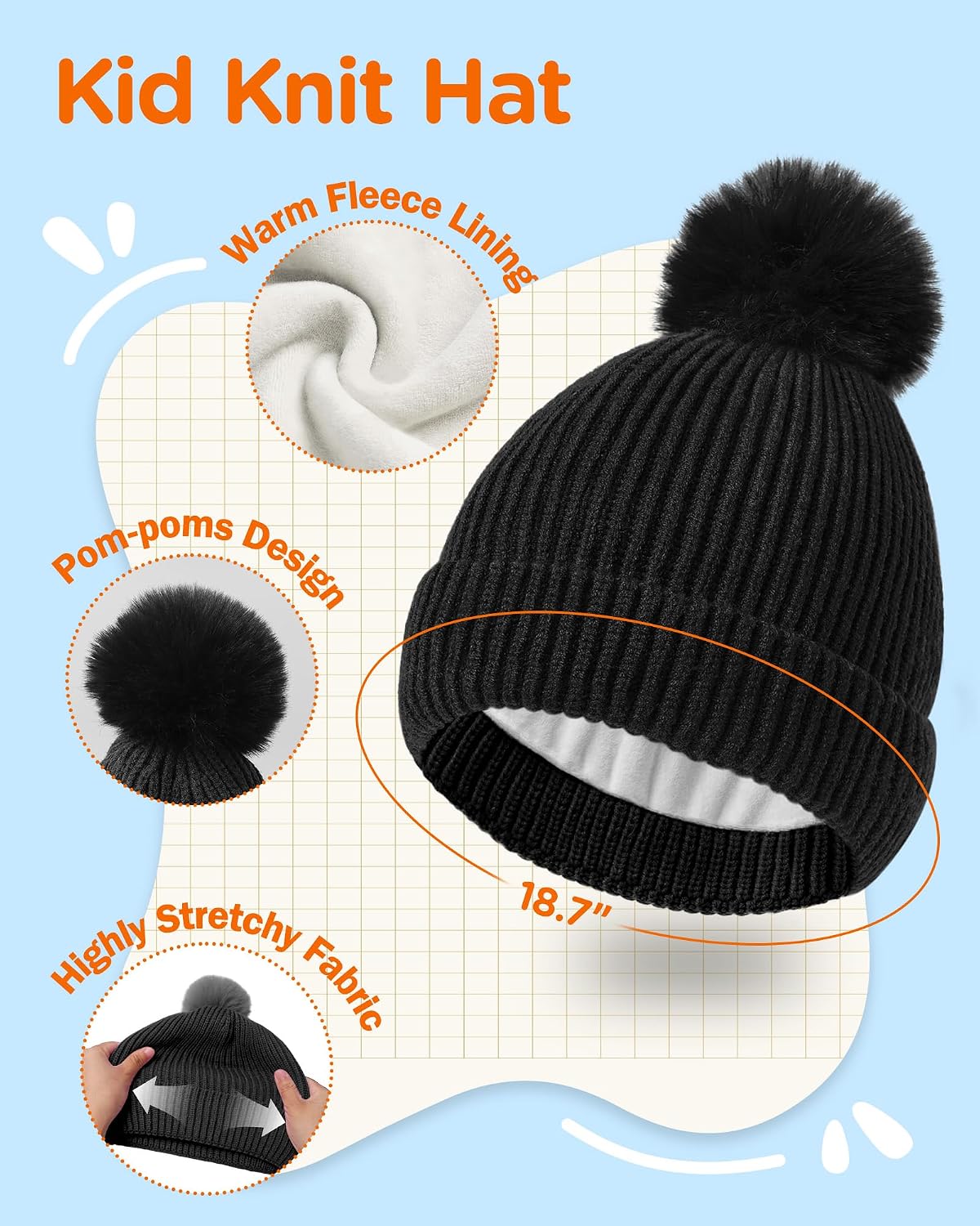 Wandx Kids Winter Hat Gloves Scarf Set Children Pompom Knit Beanie Warm Gloves with Thick Fleece for Boys Girls Ages 4-12