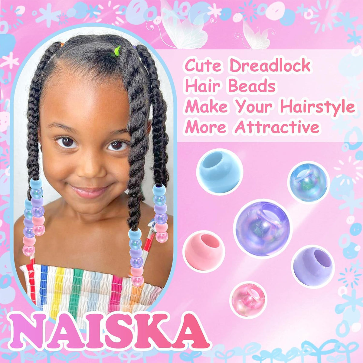 NAISKA 60PCS Blue Pink Hair Beads Purple Beads for Braids Iridescent Mermaid Dreadlock Pony Bead 3 Colors Loc Jewelry Summer Hair Accessories for Kids Girls