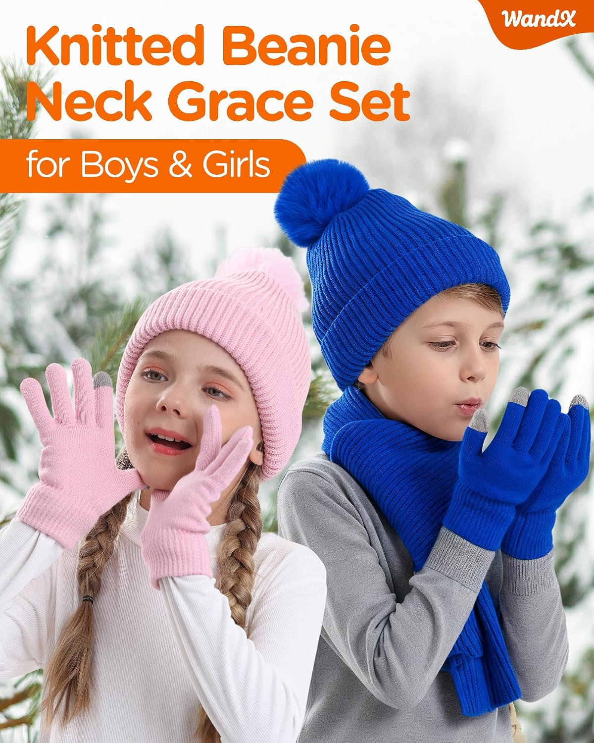 Wandx Kids Winter Hat Gloves Scarf Set Children Pompom Knit Beanie Warm Gloves with Thick Fleece for Boys Girls Ages 4-12